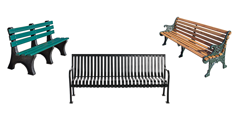 Metal benches, Wood Benches, Recycled Plastic Benches.