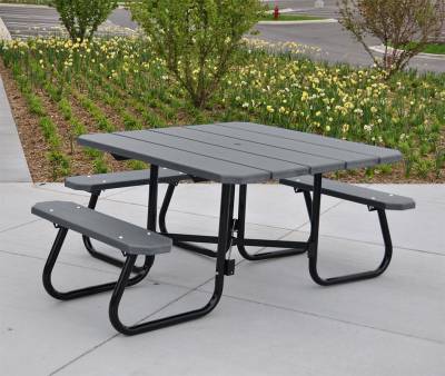 48” Square Recycled Plastic Table with (3) Attached Seats - ADA - Portable 