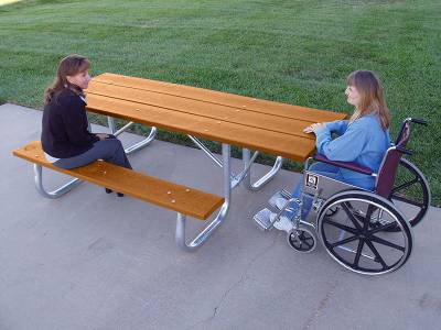 7 1/2' Recycled Plastic Picnic Table with (2) 6 Ft. Attached Seats, Galvanized Frame - ADA - Portable - Image 1